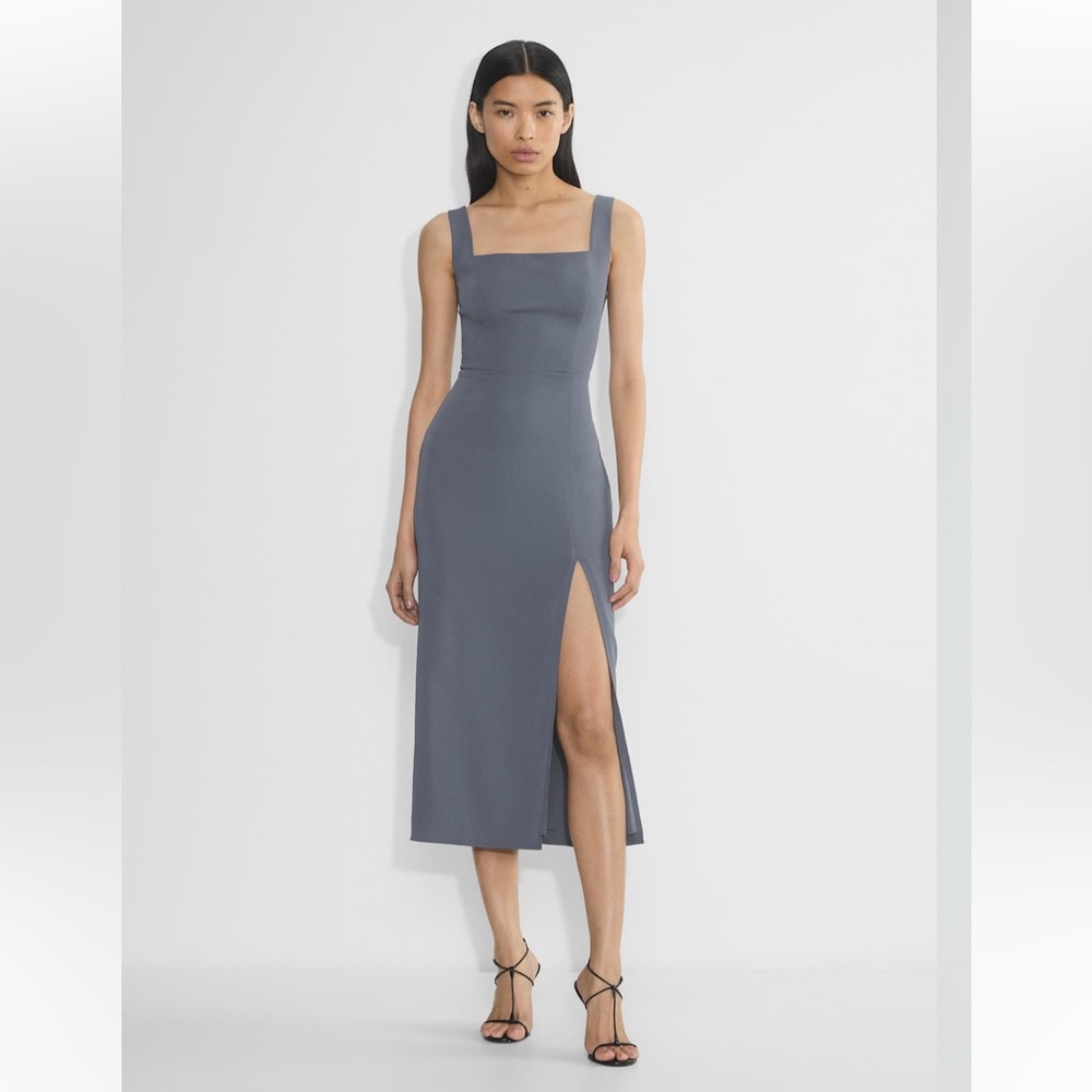 Aritzia Babaton 90s Slit Midi Dress Grey Sz 00 Satin Square Neck Minimalist Slip